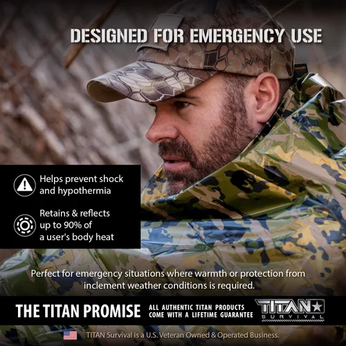 Miniatura 2 de TITAN Survival Mantas de supervivencia de Mylar prémium (paquete de 5) manta térmica de supervivencia de emergencia para campamento, caza, Camuflaje