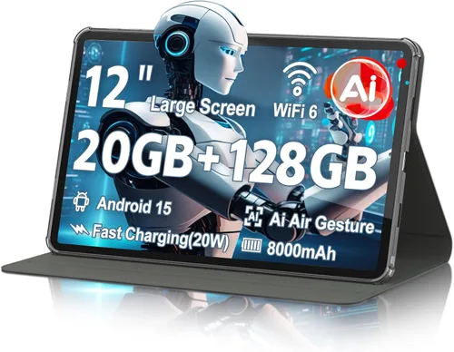 Tableta, Android 15 Tableta, 20GB RAM 128GB ROM 1TB Expansión, A733 8-Core Procesador, Pantalla táctil grande de 12 pulgadas Pantalla 2K, Cámara