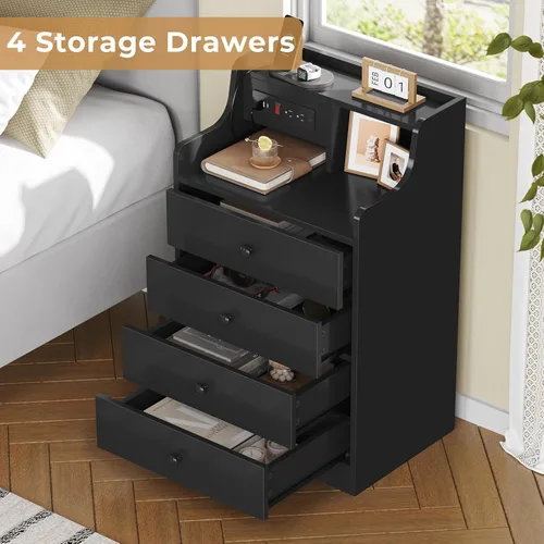 Miniatura 5 de ADORNEVE Mesita de noche grande con estación de carga, mesita de noche negra para dormitorio, mesa auxiliar alta con aparador y 4 cajones, mesa