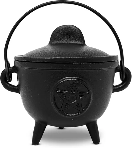 Miniatura 3 de New Age Imports, Inc. Caldero de hierro fundido con asa y tapa, ideal para manchas, quemar incienso, fines rituales, decoración, decoración