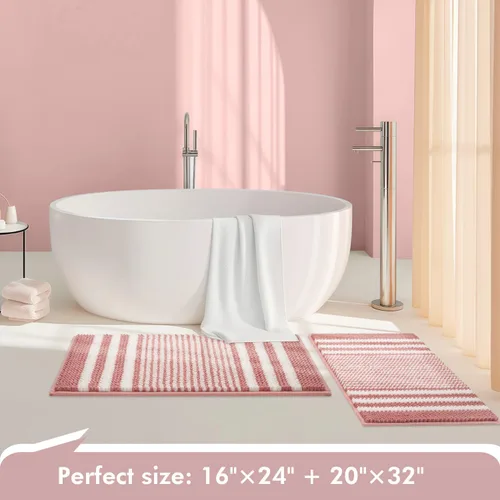 Miniatura 6 de Juego de alfombras de baño Tindbea 2 piezas, extra suave y absorbente, felpudo de baño de chenilla a rayas esponjosas, antideslizante, lavable a
