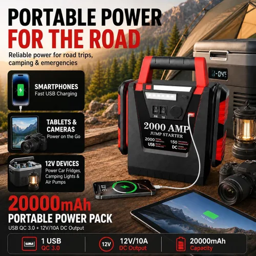 Miniatura 4 de Arrancador con compresor de aire, arrancador de batería de coche de 2000A, inflador de neumáticos de 260 PSI, amplificador de batería de plomo-ácido