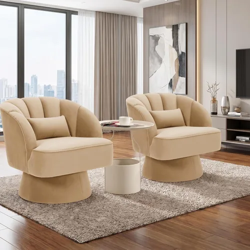 Miniatura 10 de GarveeHome Silla de acento moderna giratoria de barril, sillón tapizado de terciopelo de 360 grados con respaldo a rayas y acolchado suave, cómoda