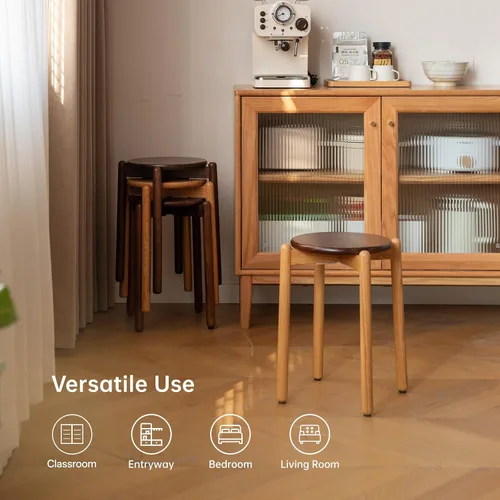 Miniatura 5 de Taburete apilable de roble, soporte pequeño para plantas, taburete redondo de madera para comedor, sala de estar, entrada, aula, escuela, 15.4 x