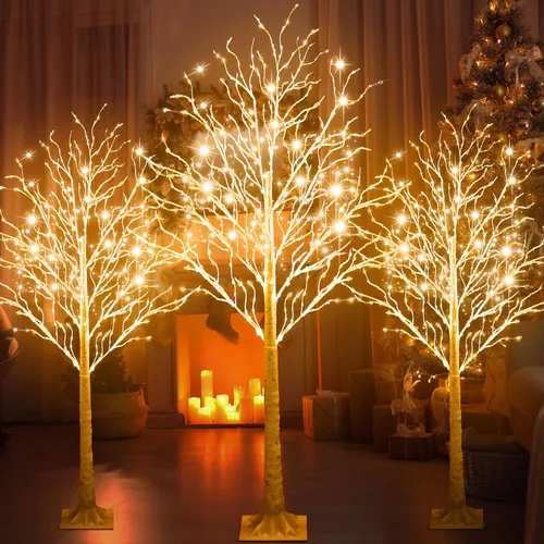 Miniatura 10 de Aurelema 6 piezas de árbol de abedul iluminado de 4 pies, 5 pies y 6 pies, 8 modos de Navidad, luces LED artificiales de color blanco cálido, árbol