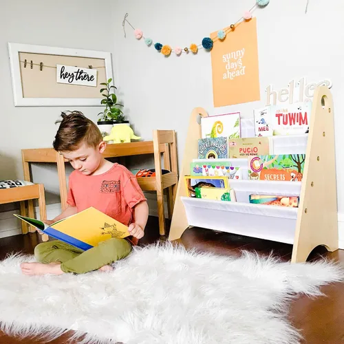 Miniatura 8 de Wildkin Estantería para niños, almacenamiento moderno de madera con 4 estantes y asas de tela, organizador para el hogar o el aula, gris y blanco
