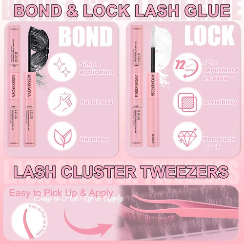 Miniatura 4 de KISSXIAOYA Kit de extensiones de pestañas en racimo, kit de extensión de pestañas con unión de pestañas, sello y aplicador, 144 piezas de 0.004 in