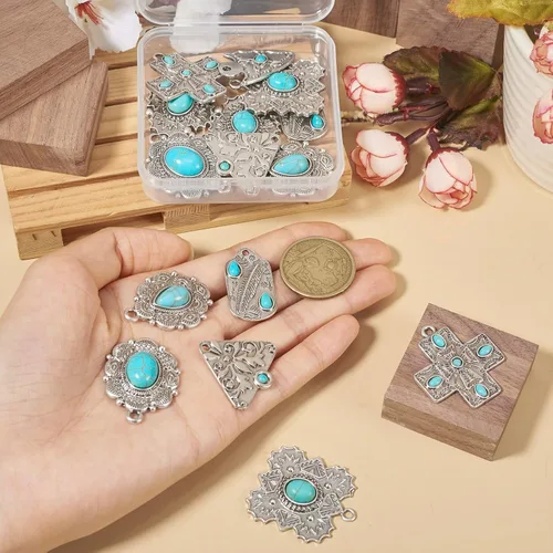 Miniatura 7 de 16 dijes de piedra turquesa de 8 estilos, estilo tibetano, vintage, bohemios, curativos, piedras preciosas colgantes grandes, joyería occidental