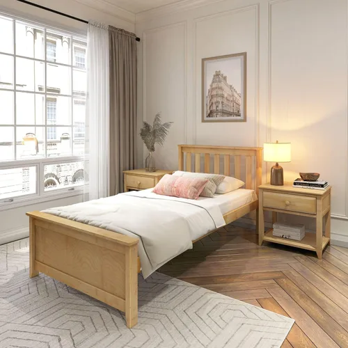 Miniatura 26 de Plank+Beam Estructura de cama individual de madera maciza, cama plataforma con cabecero, color nogal