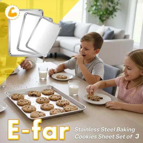 Miniatura 7 de E-far Juego de 3 bandejas para hornear galletas, 16/12.4/10.4 pulgadas, juego de bandejas de acero inoxidable para horno, bandeja rectangular
