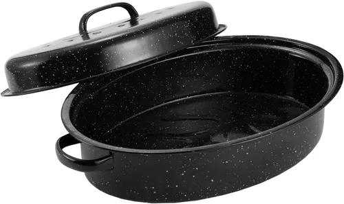 Sartén para asar de granito, mediana de 16" con tapa abovedada esmaltada. Olla para asar pavo ovalada, sartén para horno ideal para pavo pequeño,