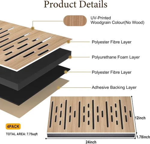 Miniatura 2 de Paquete de 4 paneles acústicos de pared, paneles autoadhesivos de espuma insonorizada para pared, aislamiento acústico decorativo de fibra de Grano