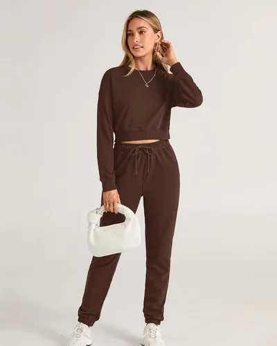 Miniatura 83 de BTFBM Conjunto deportivo de 2 piezas para mujer, camiseta corta de manga larga, sin botones, pantalón con cordón ajustable, pantalones deportivos