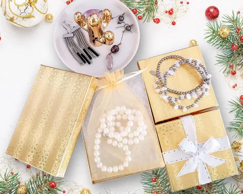 Miniatura 3 de TheDisplayGuys - Paquete de 25 Cajas de Regalo de Papel Cartón Kraft #82/Estuches para Joyas con Relleno de Algodón y Tapa - Lámina Dorada