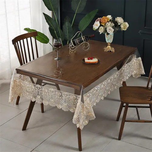 Miniatura 6 de Mantel rectangular de plástico transparente de vinilo impermeable, borde de encaje bordado, mantel transparente para comedor, cocina al aire libre