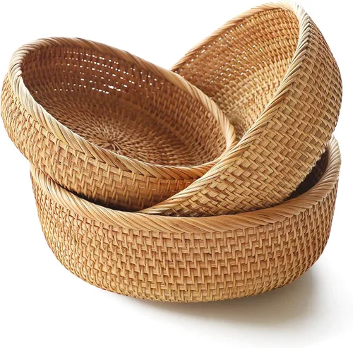 Miniatura 9 de HITOMEN Cestas de pan de ratán hechas a mano redondas de mimbre para servir frutas, cuencos de almacenamiento de frutas de tejido natural