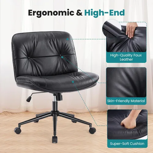 Miniatura 4 de OLIXIS Silla Criss Cross con Ruedas Sin Brazos Ancha de Patas Cruzadas Silla de Escritorio de Oficina de Tocador con Cómoda Piel Sintética PU