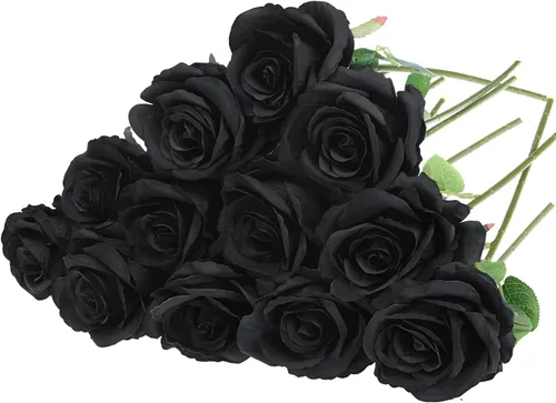 Felice Arts Paquete de 12 Rosas Negras Flores Artificiales de Seda, Ramo de Rosas Falsas Realistas con Tallos Cortos Doblables para Arreglos de