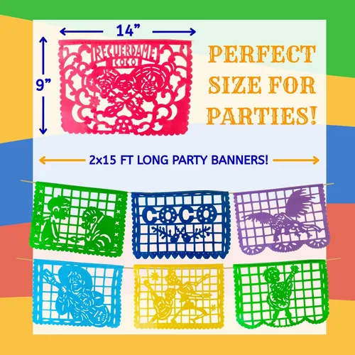 Miniatura 5 de Decoraciones de fiesta de Coco – Juego de pancartas de papel picado de plástico (paquete de 2, 10 banderas por pancarta) – Decoración mexicana