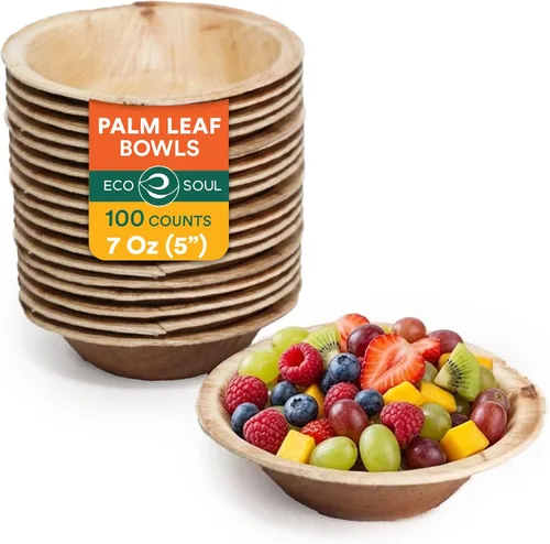 ECO SOUL Cuencos desechables de hoja de palma como bambú, 5 onzas, redondo, paquete de 100 vajillas biodegradables y compostables para fiestas,