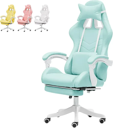 Linda silla de juegos con reposapiés, sillas de videojuegos de respaldo alto, silla Kawaii de piel sintética con soporte lumbar y reposacabezas