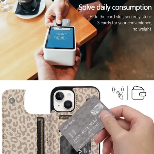 Miniatura 3 de Funda compatible con iPhone 14/15 con tarjetero y ranuras integradas de piel sintética con función atril y a prueba de golpes para iPhone 14/15