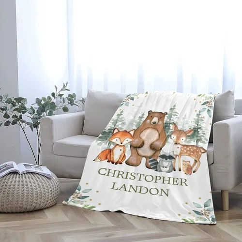 Miniatura 5 de Manta de bebé personalizada de animales del bosque para niños y niñas, manta de bebé personalizada con nombre Adventure Awaits Stuff recién nacido