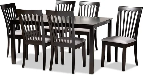 Miniatura 14 de Baxton Studio Silla de comedor Minette - Tapizado de tela gris, juego de madera con acabado marrón nogal Gris/marrón nogal