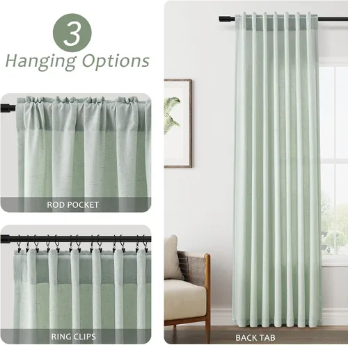 Miniatura 7 de Aersas Aqua Green Linen Curtains 84 Inches Long 2 Panels Set Back Tab Rod Pocket Living Room Curtain Farmhouse Rustic Light Filtering Hook Drapes