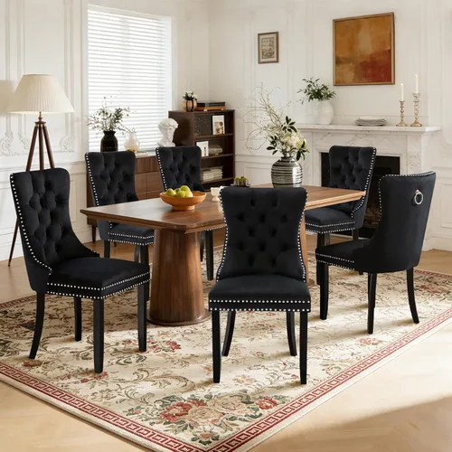Miniatura 66 de Juego de 4 sillas de comedor de terciopelo, sillas de comedor tapizadas con ribete de cabeza de clavo y patas de madera maciza para cocina