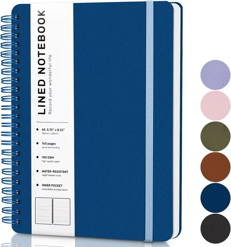 Miniatura 8 de Cuaderno de diario con líneas en espiral, cuaderno A5 de cuero de tapa dura para el trabajo, 5.7''×8.2'', papel grueso de 100GSM encuadernado