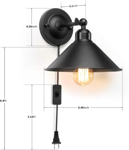 Miniatura 2 de Aplique de pared enchufable, aplique de pared negro, lámpara de pared industrial vintage con brazo oscilante antiguo, lámpara de pared