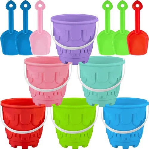 Chivao Paquete de 6 cubos y palas de arena de playa de 7 pulgadas, juego de cubos de arena y palas modelo castillo, cubos de playa, juguetes para
