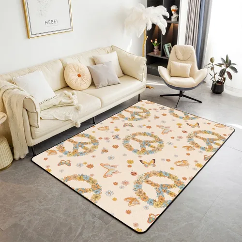 Erosebridal Alfombra de área con tema Groovy de los 70 para sala de estar y dormitorio, alfombra retro con símbolo de paz antideslizante, alfombra
