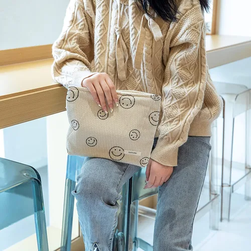 Miniatura 2 de Bolsa de maquillaje para mujeres, bolsa de cosméticos de pana con diseño estético, bolsa de mano para damas, estuche para lápices para niñas, lindo