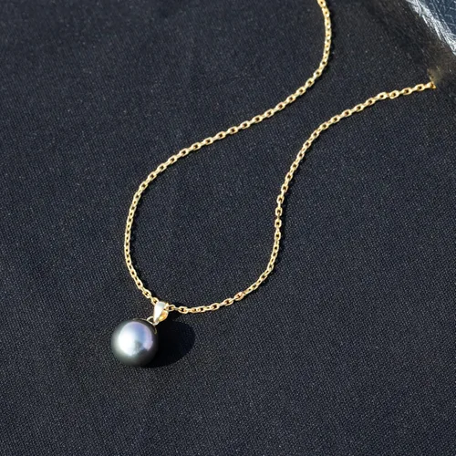 Miniatura 3 de Raivari Collar con colgante de perla negra de Tahití, 5A, natural, auténtica, cultivada en Tahití, de agua salada, de 18 pulgadas, collar de oro