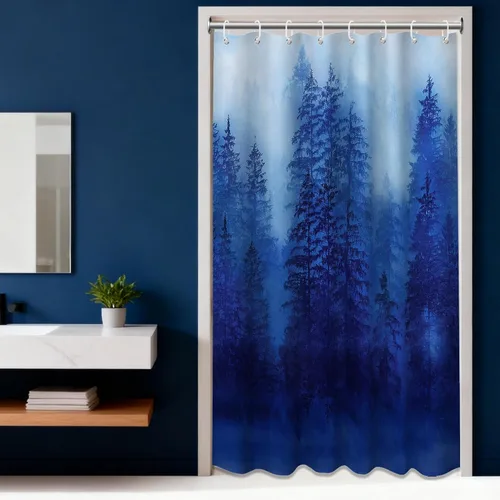 Miniatura 21 de Cortina de ducha estrecha para hombre, diseño de bosque negro y gris, para casa rodante, juego de decoración de baño, tela impermeable con ganchos