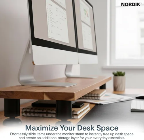 Miniatura 5 de Nordik - Elevador grande de doble monitor para 2 – 42.5 pulgadas de madera dura de acacia hecha a mano – Estante de madera organizador de escritorio