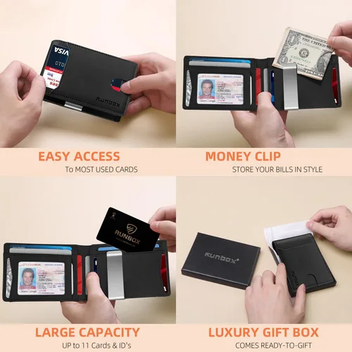 Miniatura 102 de RUNBOX - Carteras delgadas para hombre, cartera de piel con pinza para el dinero, cartera de bolsillo frontal con bloqueo RFID, tarjetero