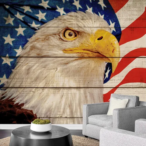 wall26 Adhesivo de pared extraíble/mural de pared estilo panel de madera, bandera estadounidense y águila calva, arte digital internacional global