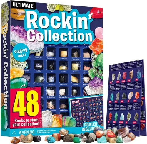 Colección de rocas 48 piezas, kit de educación de rocas y minerales con piedras preciosas para niños, kit de gemas de geología con ojo de tigre,