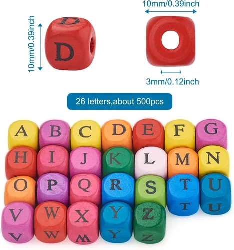 Miniatura 4 de Pandahall - 500 cuentas en forma de cubo de madera natural con patrón de letras de 0.394 x 0.394 x 0.394 in del alfabeto, cuentas espaciadoras