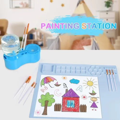 Miniatura 6 de Mikiwon Estación de pintura, limpiador de pinceles y alfombrilla de arte de silicona de 20 x 16 pulgadas con 10 pinceles de pintura, enjuague