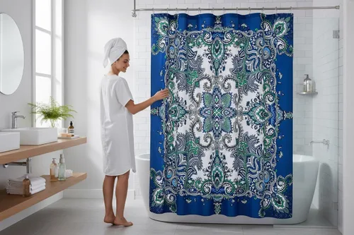 Serafina Home Cortina de ducha bohemia, diseño floral de mandala azul marino, verde azulado, blanco, tela, 72 x 72 pulgadas, resistente a las