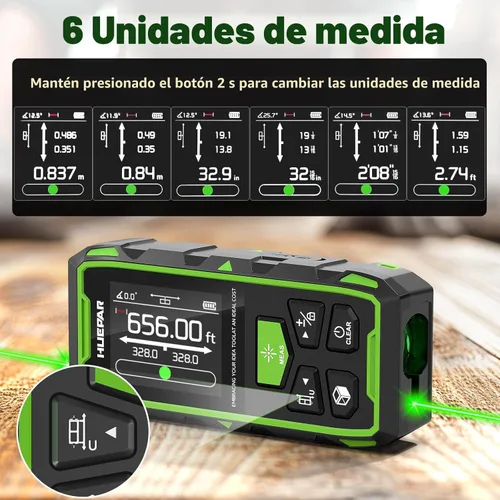 Miniatura 6 de Huepar Herramienta de Medición Láser Dual, Medidor de Distancia Láser Digital Bilateral de 656 Pies con Haz Verde Medida en 6 Unidades Pies/pulg/M