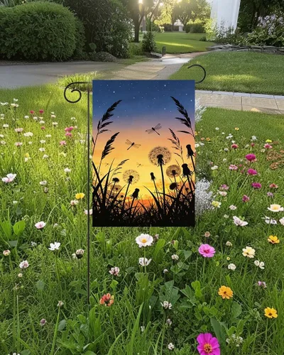 Miniatura 3 de Bandera de verano y primavera, diseño de libélula, puesta de sol nocturno, sobre el pantano, jardín, patio, 12 x 18 pulgadas, banderas decorativas