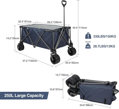 Miniatura 2 de REDCAMP Carrito de playa plegable extra grande de 250 L para arena, carro utilitario resistente con ruedas grandes todo terreno y soporte
