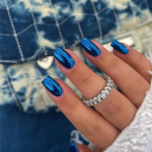 Miniatura 19 de Uñas Postizas Cuadradas de Cromo Púrpura Cortas Medianas para Presionar, KQueenest Uñas Acrílicas Falsas de Plateado Metálico Espejo para Presionar