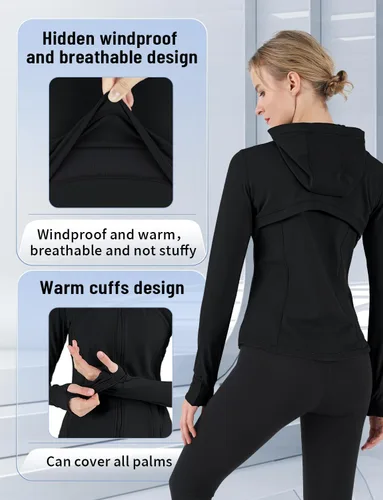 Miniatura 2 de CHAMWEY Chaquetas para correr para mujer, ajuste delgado, resistente al viento, agujeros para el pulgar, bolsillos con cremallera completa