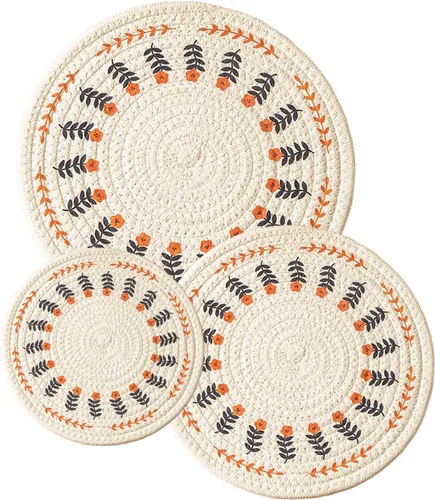 Juego de manteles individuales redondos tejidos a mano, lino de algodón, resistente al calor, suave y duradero, con bonito estampado floral,